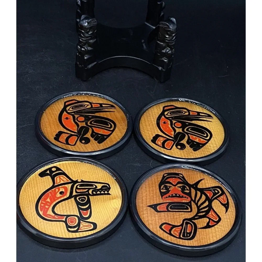 BOMA Coasters Lot 4 With Totem Holder Red Cedar Made In Canada First Nation
